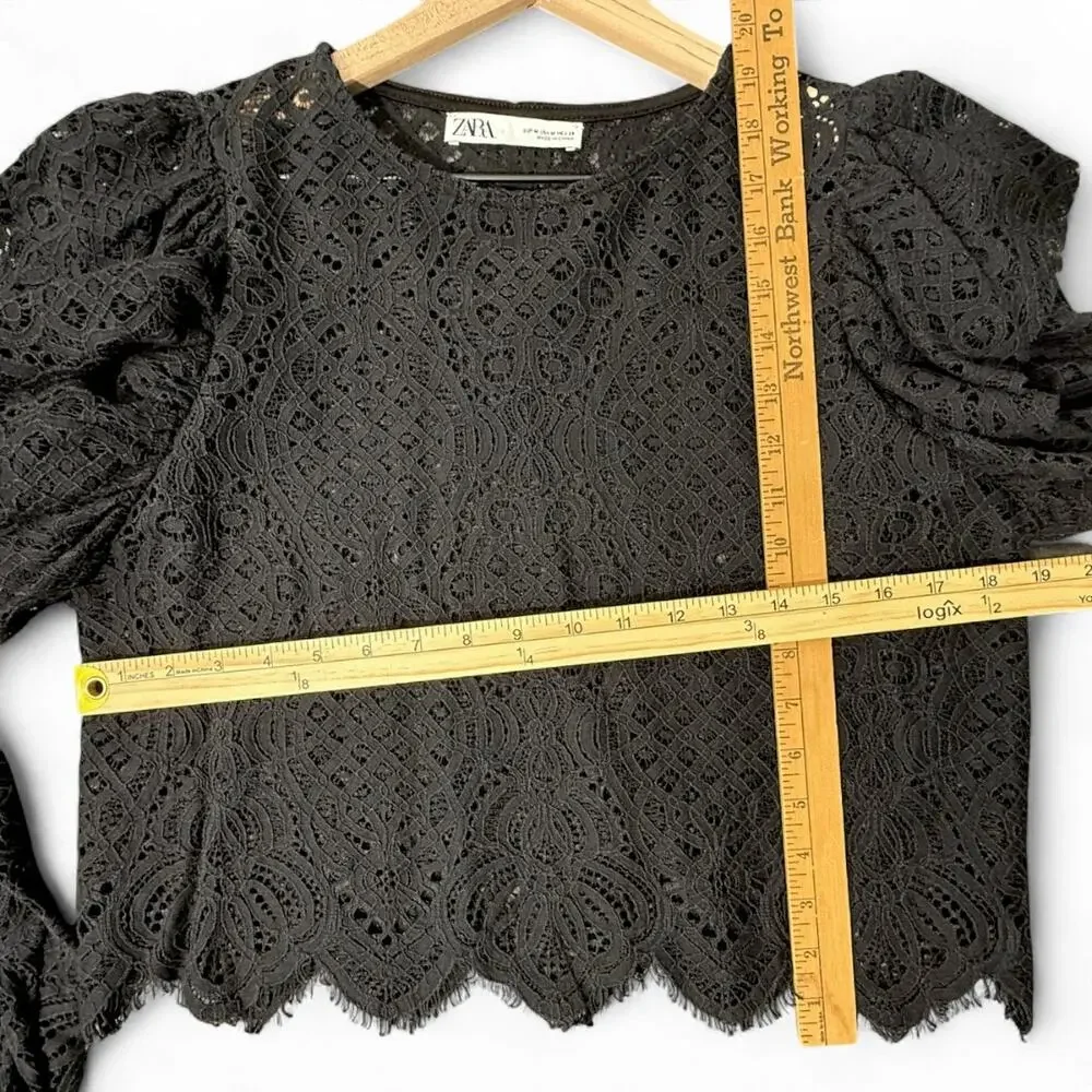 Zara Black Lace Ruffle Flounce Sleeve Blouse M‎ Romantic Whimsigoth Witchy Sheer